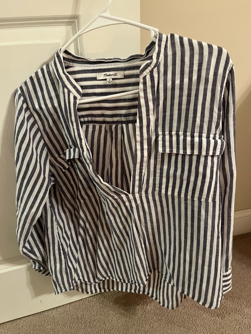 Madewell Navy & White Striped Collarless Shirt